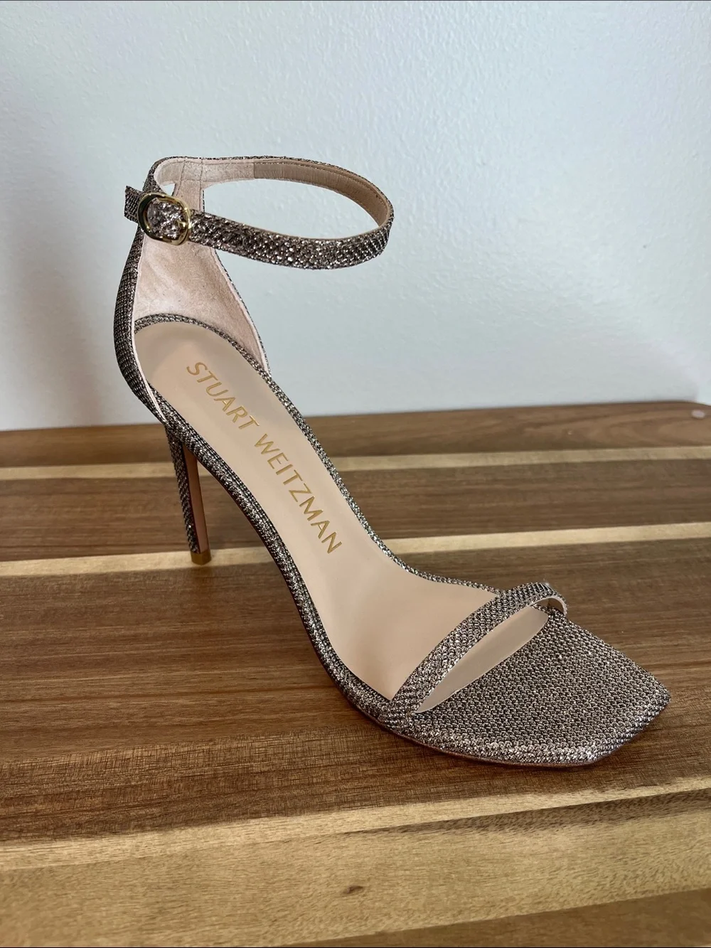 Stuart Weitzman Metallic Gold Ankle-Strap Stiletto Sandal Retail $475
